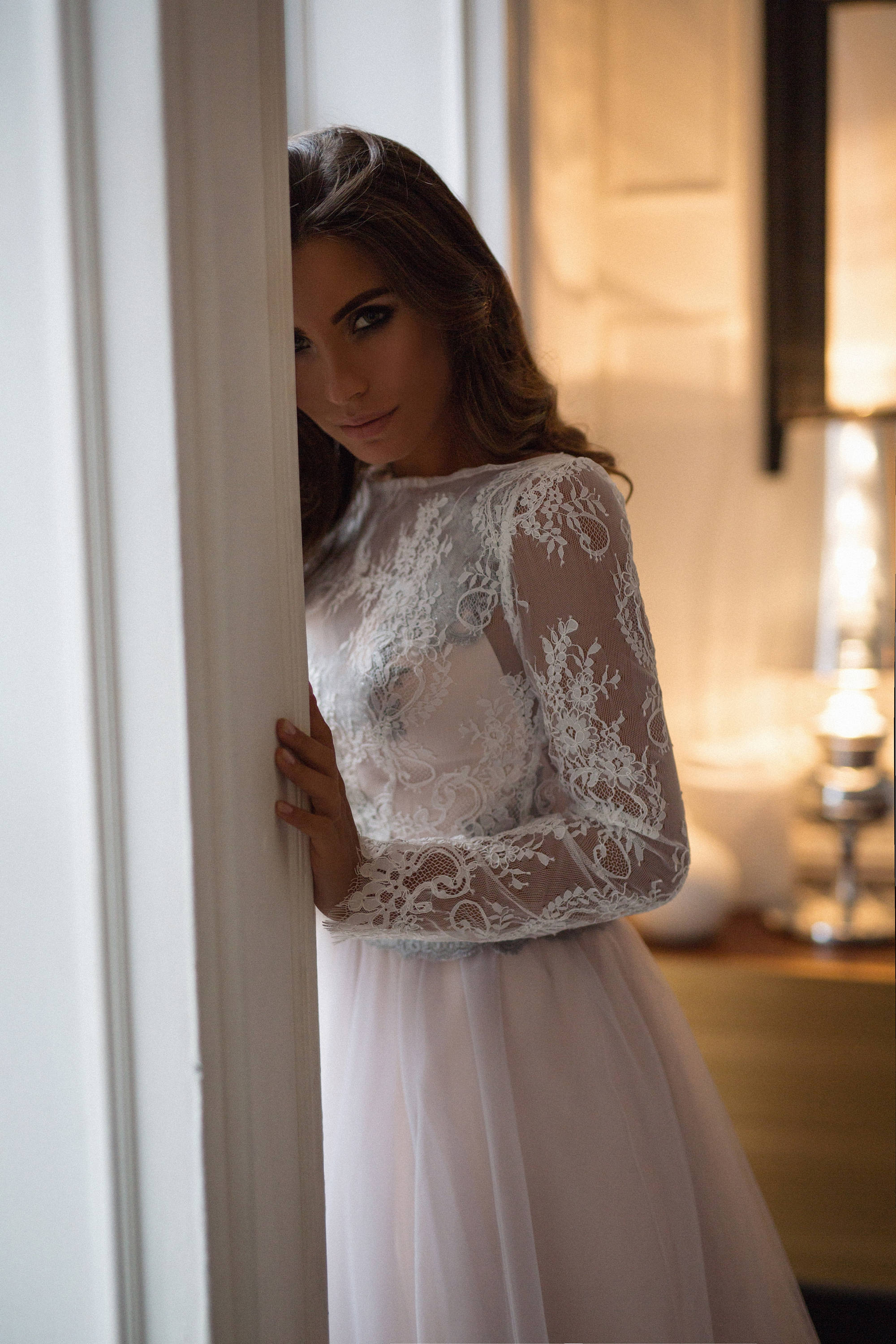 lace tulle long-sleeved long-length wedding dress product info and reviews Luxurious Lace Beading Long Sleeves A-Line Pleated Tulle Wedding Dresses, White-Nude / 18