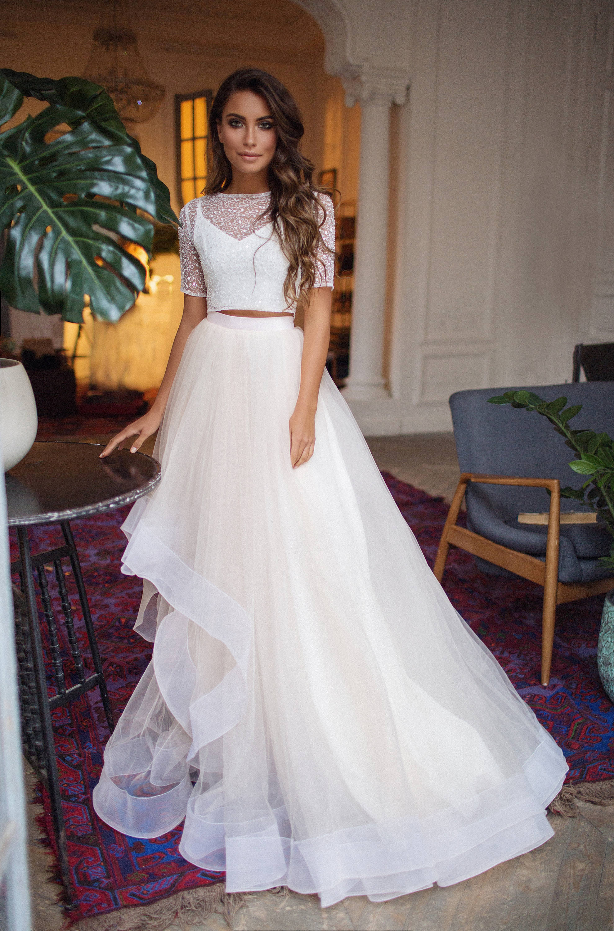 Tulle Skirt Crop Top And Long Skirt Wedding Piece Wedding Dresses