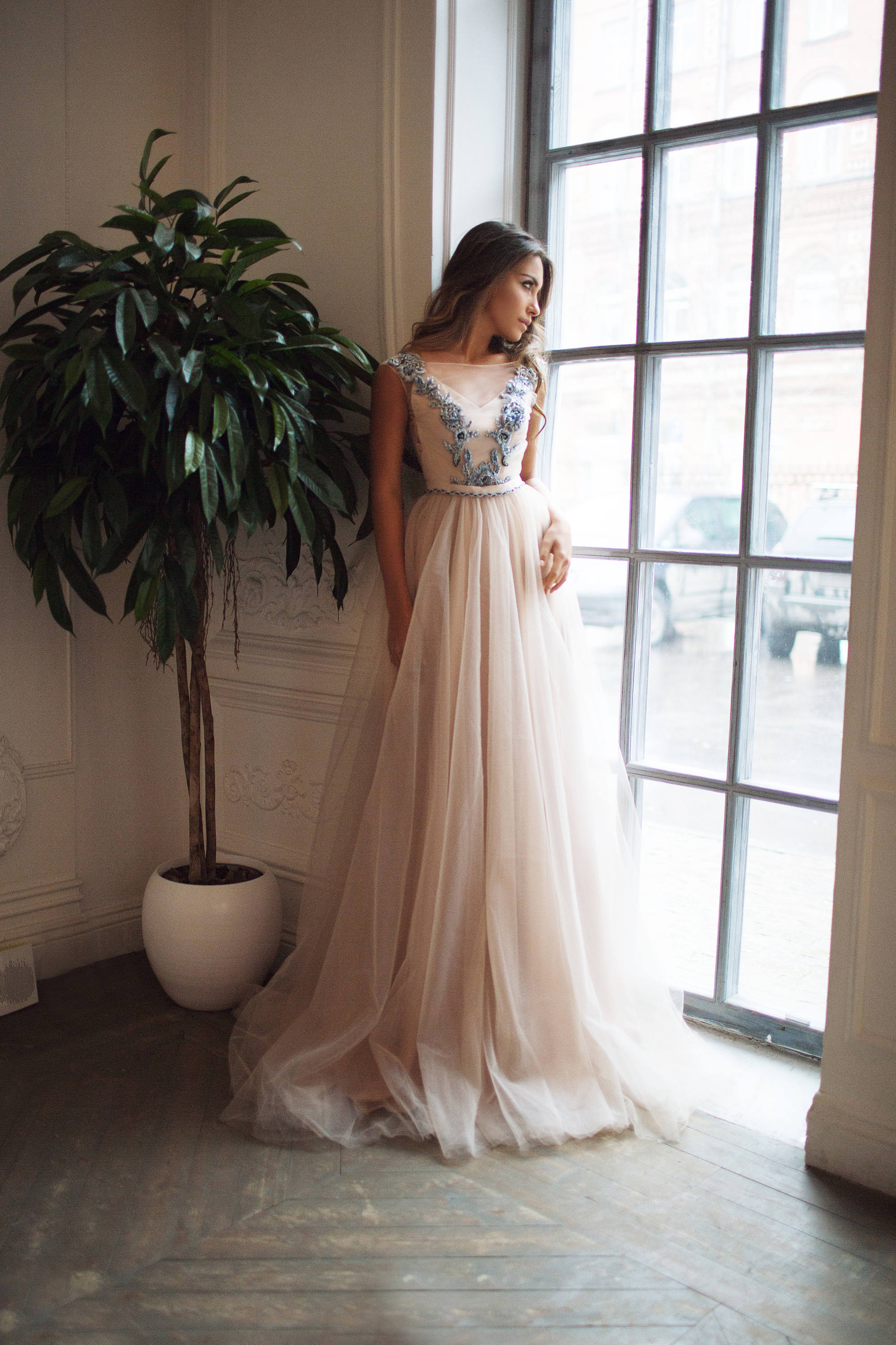 V-Neck Backless Tiered Wedding Dress