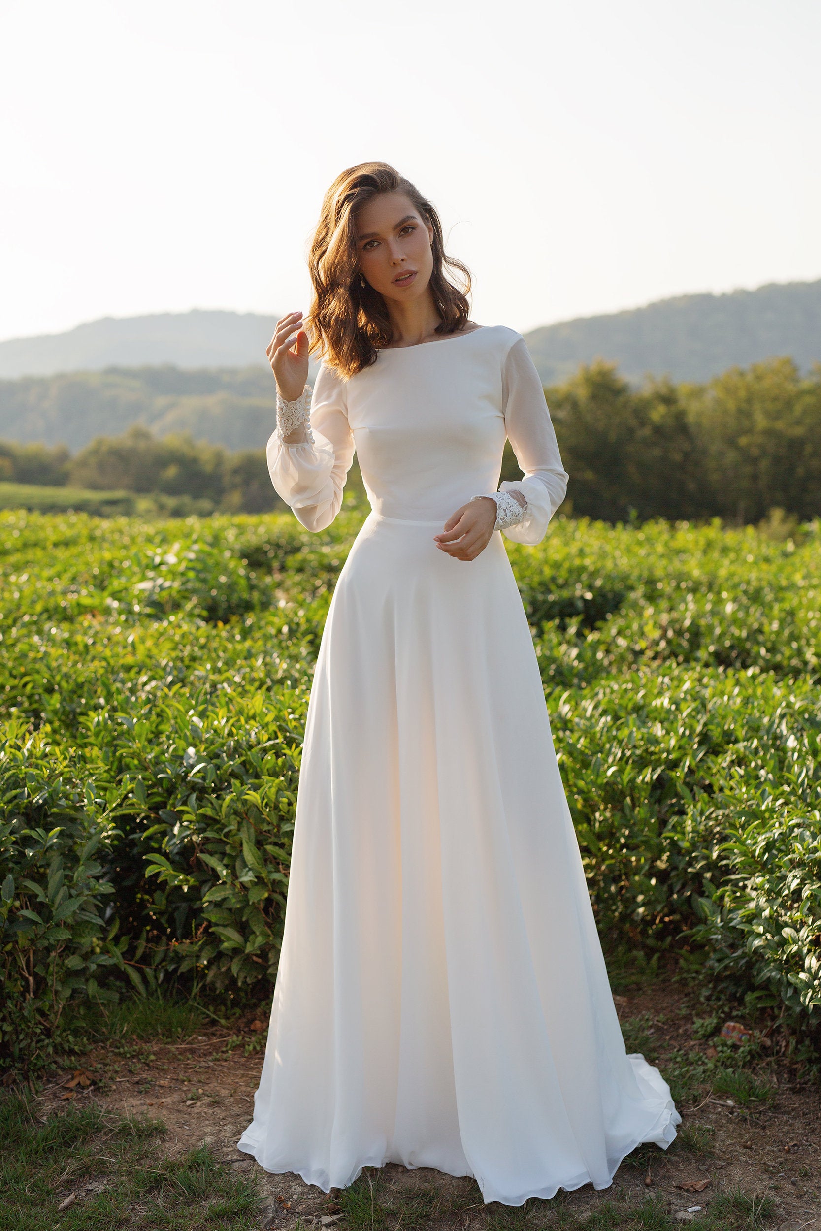 Minimalist Long Sleeve Crepe Wedding Dress Long Sleeve Simple