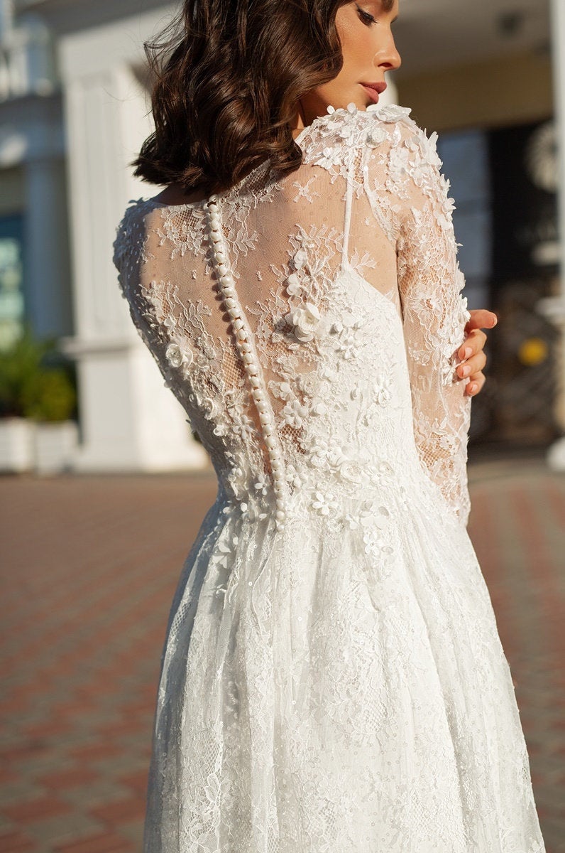 Long Sleeve Maxi Lace Regular Ecru Wedding Dress Jmrj368cap
