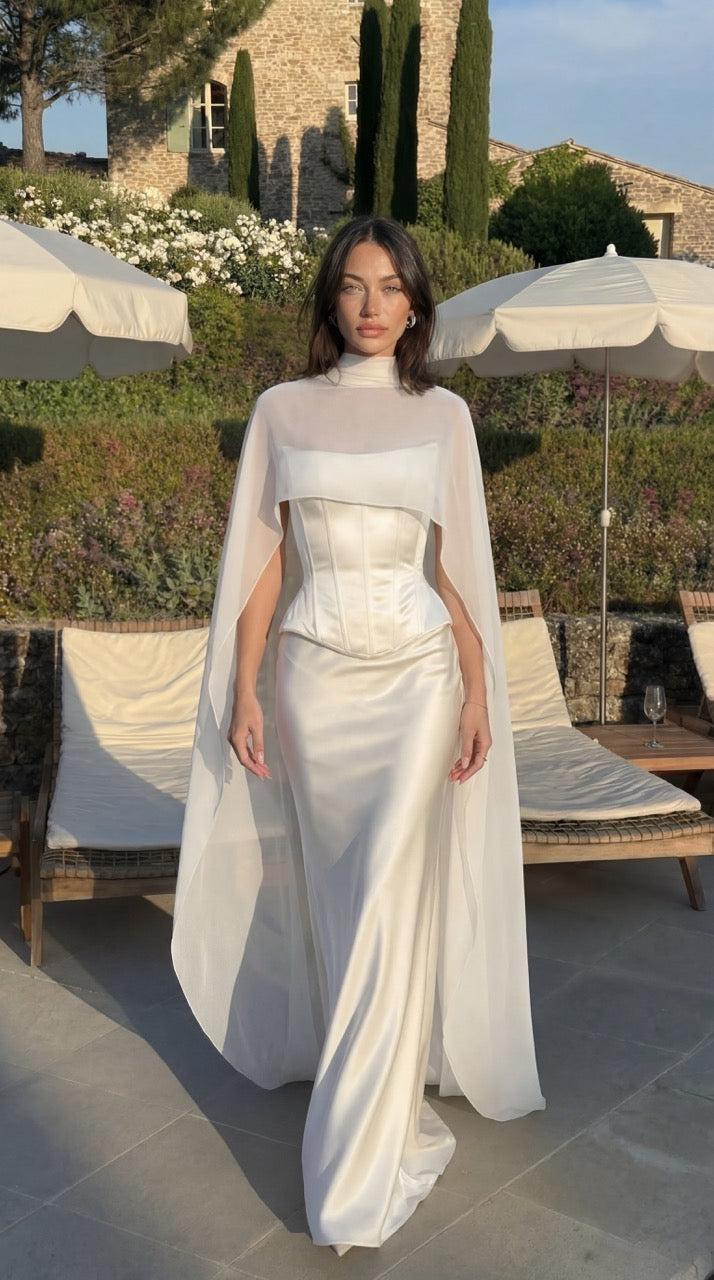 Sheath Minimalist Satin Corset Wedding Dress with Cape – Custom Gown Made to measure / Custom / Corset + skirt