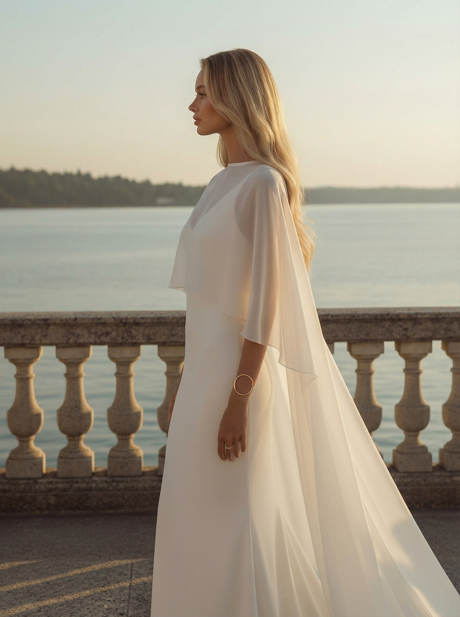 chiffon cape detail maxi dress Long Chiffon Bridal Cape – Flowy Wedding Cape with Train Custom / Cafedral Length