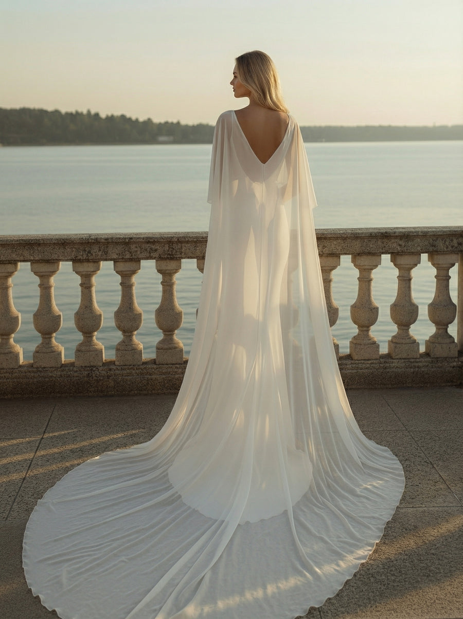 Long Chiffon Bridal Cape  Flowy Wedding Cape with Train Custom / Cafedral Length