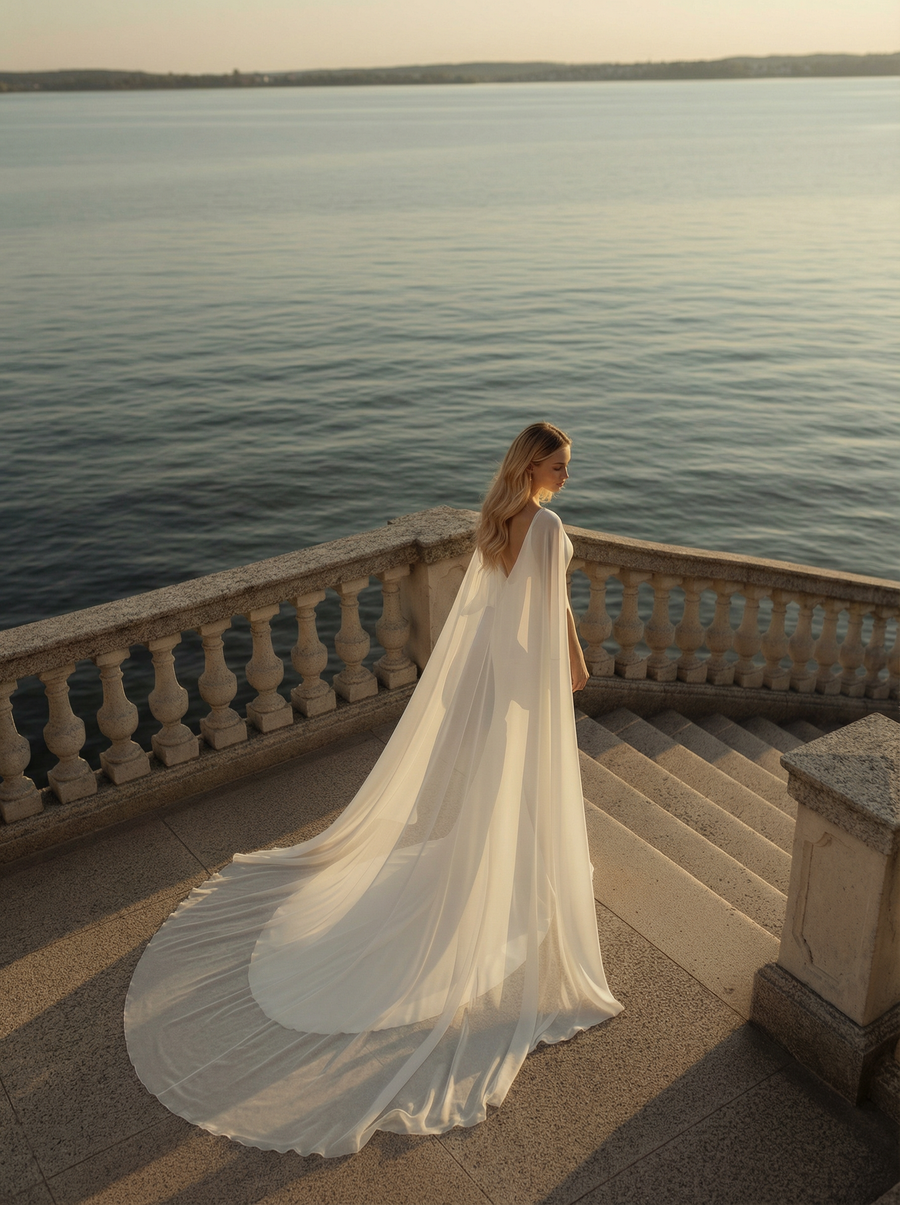 Long Chiffon Bridal Cape – Flowy Wedding Cape with Train Custom / Cafedral Length