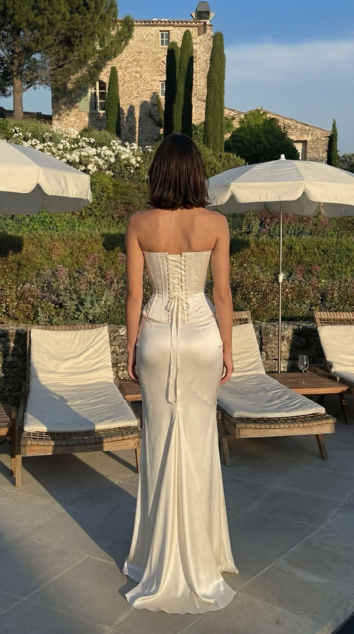 Sheath Minimalist Satin Corset Wedding Dress with Cape – Custom Gown Made to measure / Custom / Corset + skirt