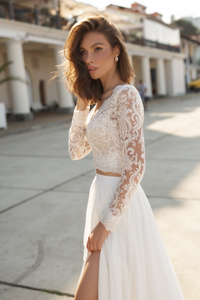 separated chiffon skirt and lace long sleeve crop top wedding dress LORELEI – milabridal