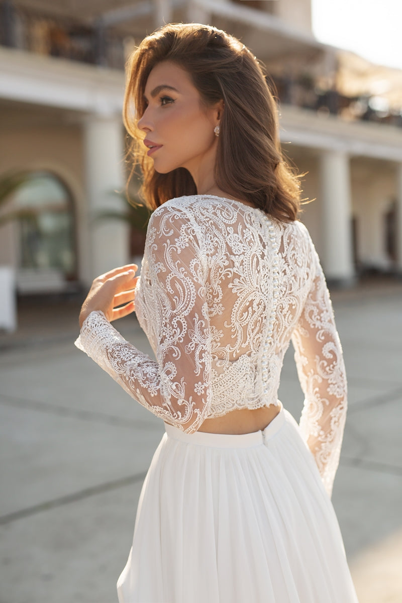 bridal separated chiffon skirt and lace long sleeve crop top