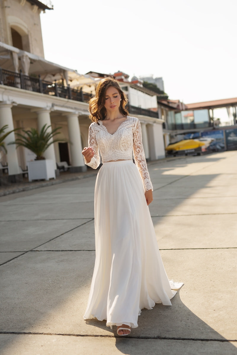 Lace Crop Top & Chiffon Flowy Skirt Bridal Set