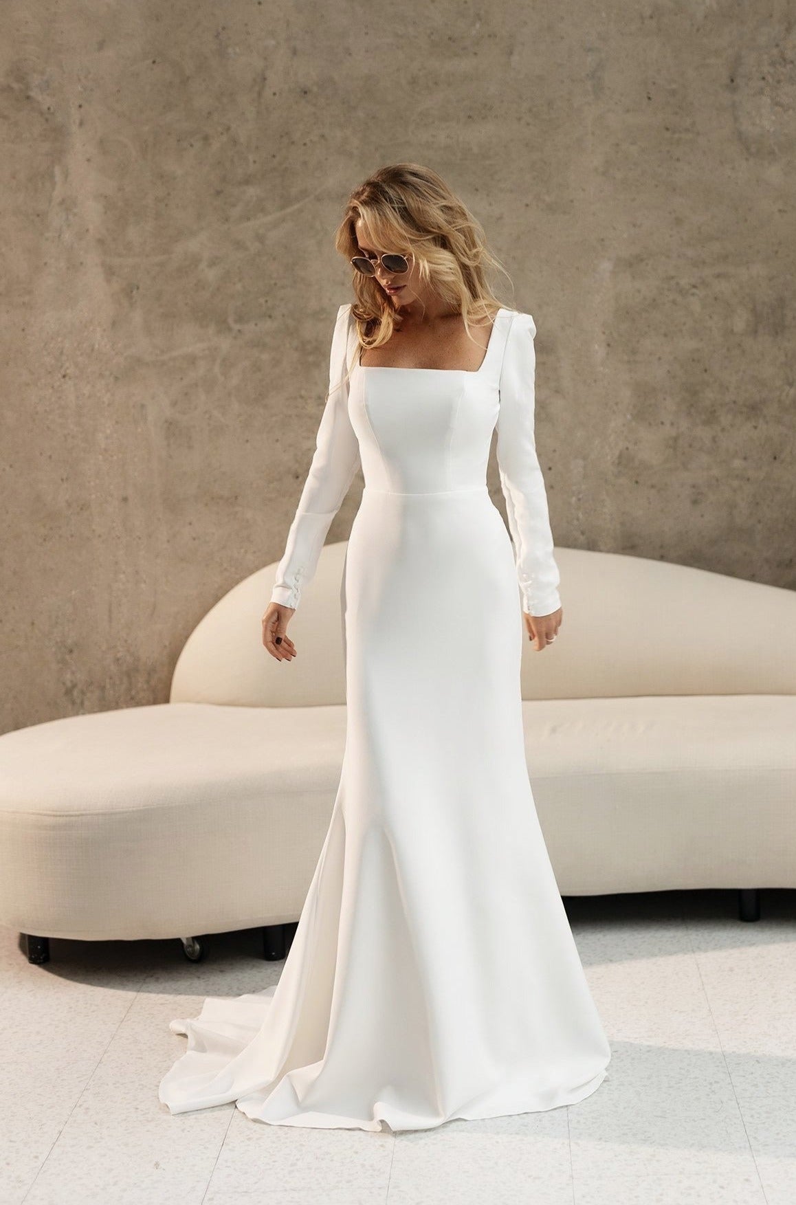 Fitted minimalist square neck wedding dress long sleeves