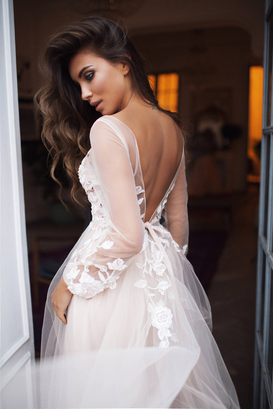 boho bell sleeve wedding dress Boho Mermaid Lace Bridal Gown with Off-the-Shoulder Bell Sleeves 12