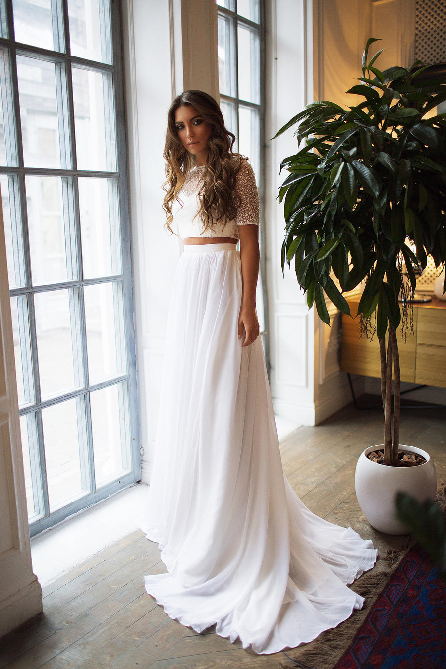 2 two piece wedding dress bridal separates chiffon skirt beach wedding dress Milabridal 2 two piece wedding dress bridal separates chiffon skirt beach wedding dress Milabridal
