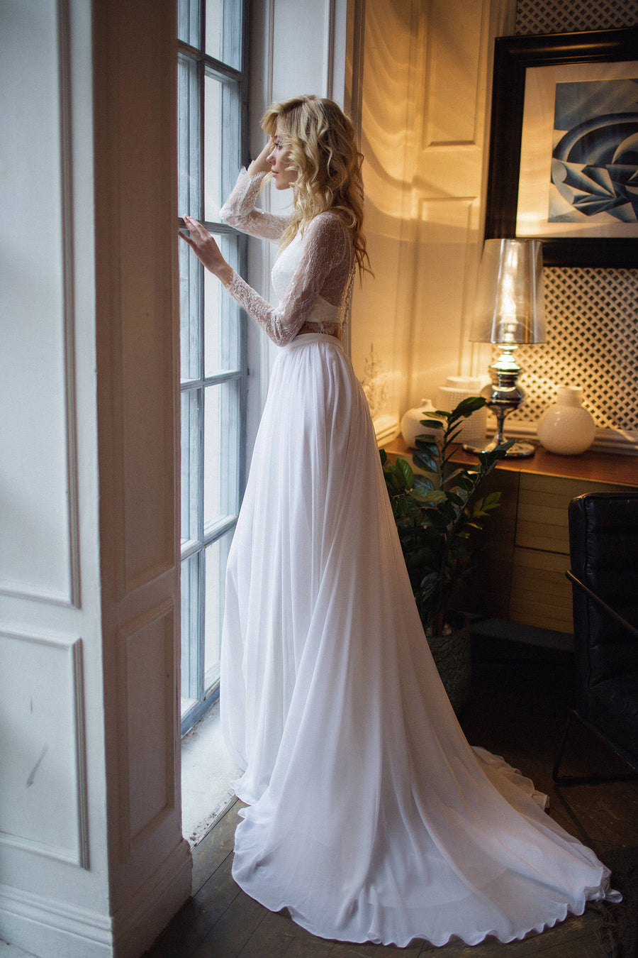 Bridal separates top long sleeve, Tillie lace crop with chiffon skirt Ivory / Just top / No Bridal separates top long sleeve, Tillie lace crop with chiffon skirt Ivory / Just top / No