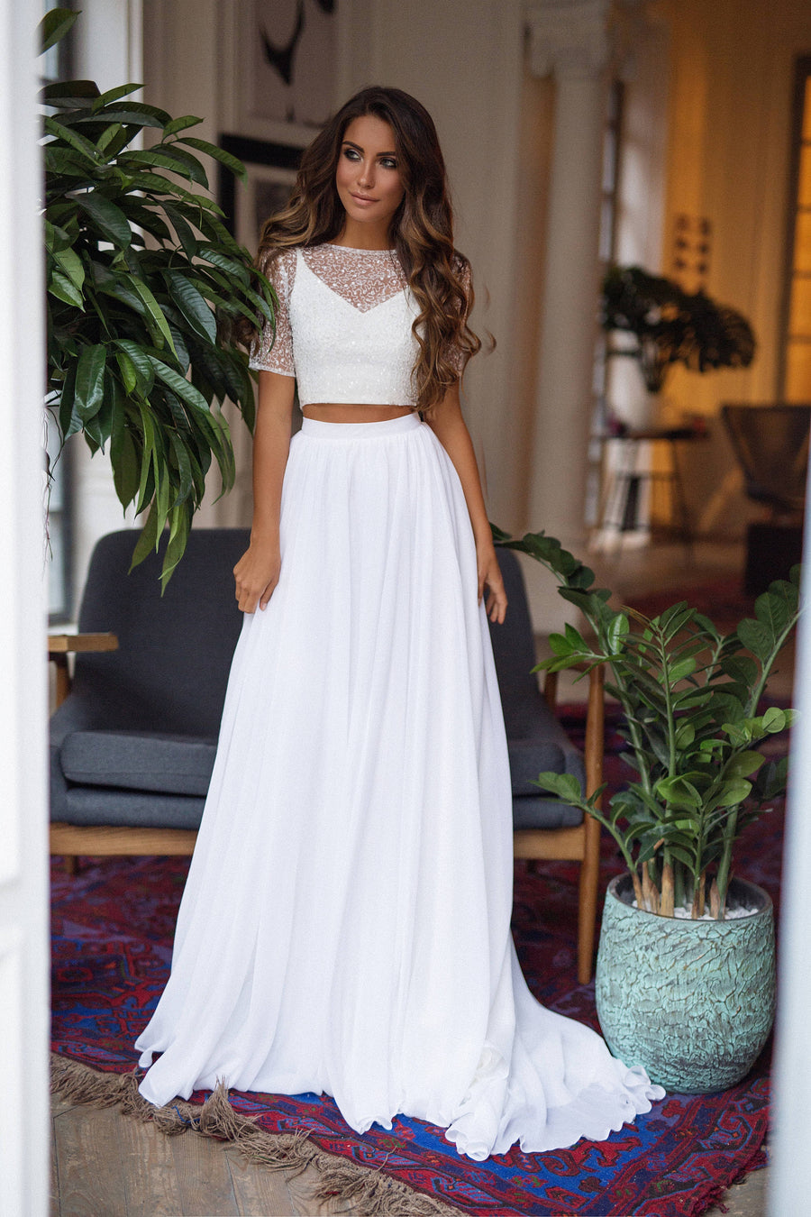 two piece wedding dress bridal separates chiffon skirt beach