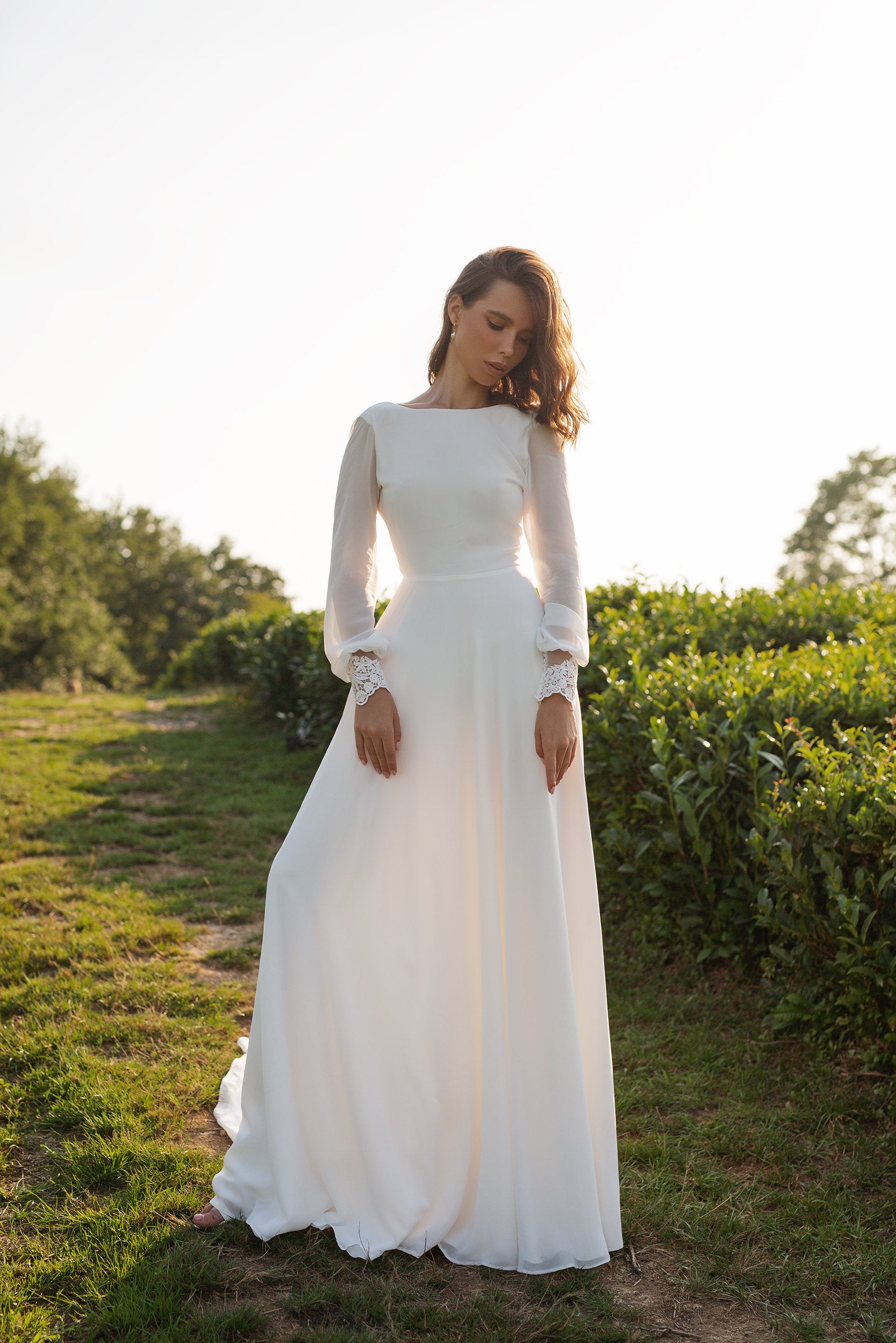Chiffon Wedding Dress | Long Sleeves Simple Wedding Dress