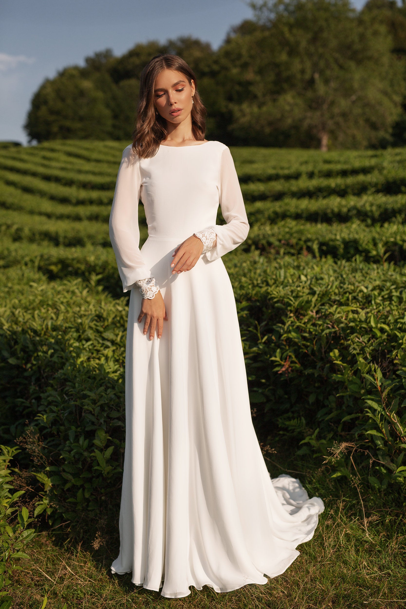 Chiffon Wedding Dress | Long Sleeves Simple Wedding Dress | Milabridal