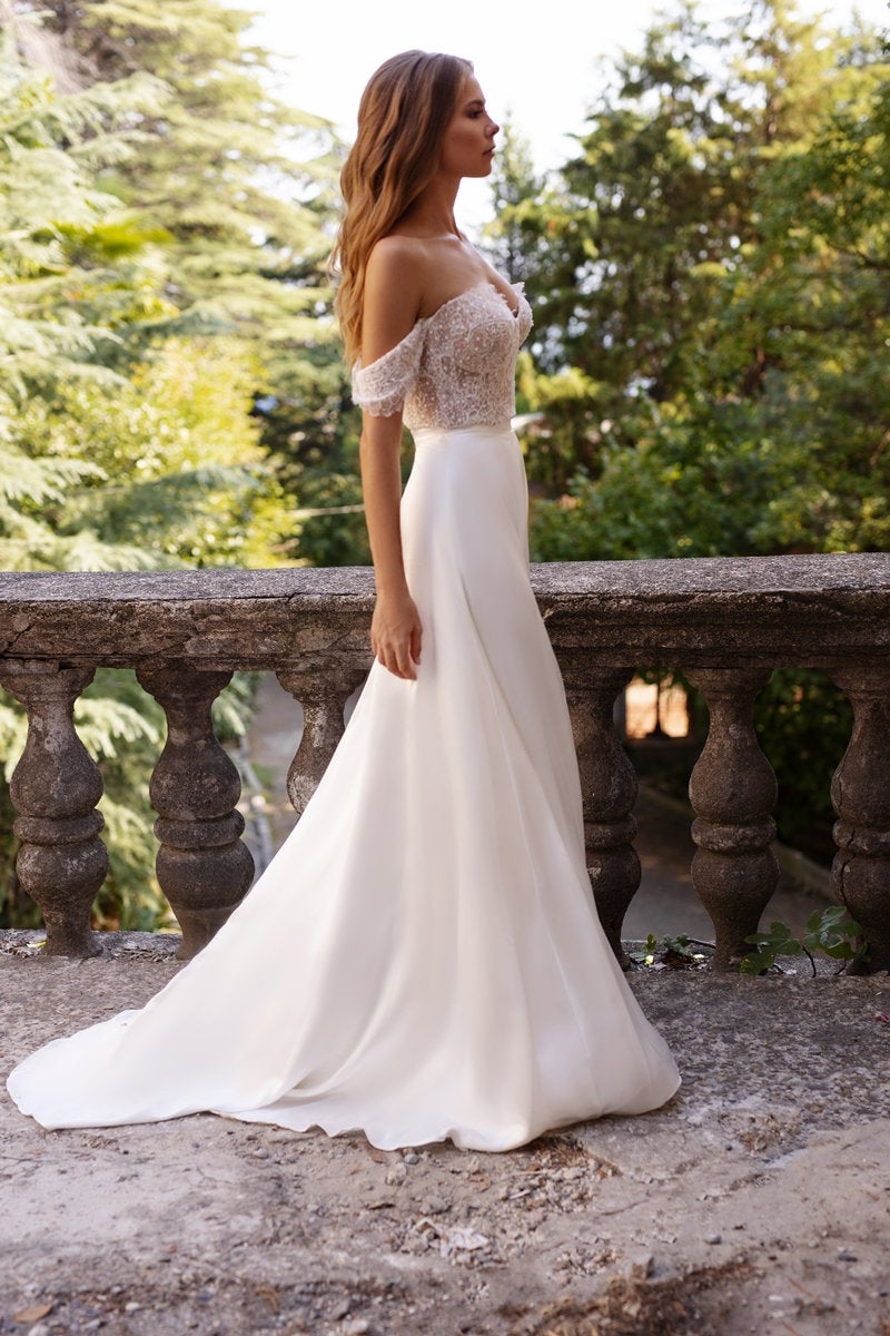 boho wedding dress LOLA,  lace top off the shoulder straps bridal separates, silk skirt