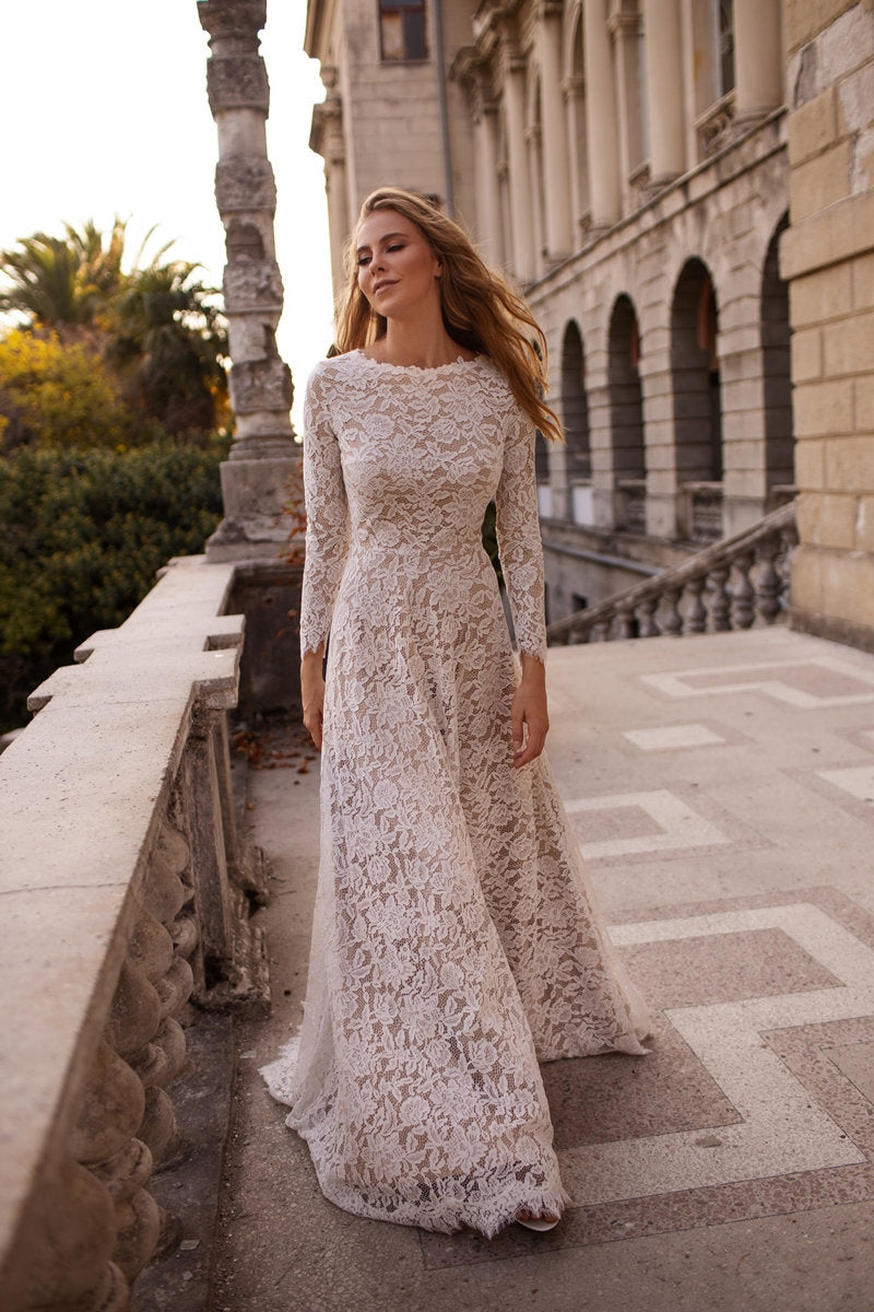 French Lace Long Sleeve Wedding Dress with Eyelash Trim