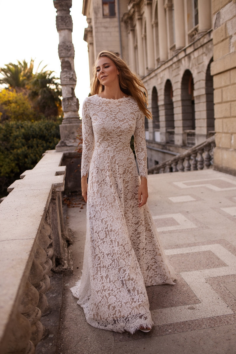 Off White Chiffon Long Sleeves Wedding Dress,Simple A Line V Neck Lace –  BallGownBridal