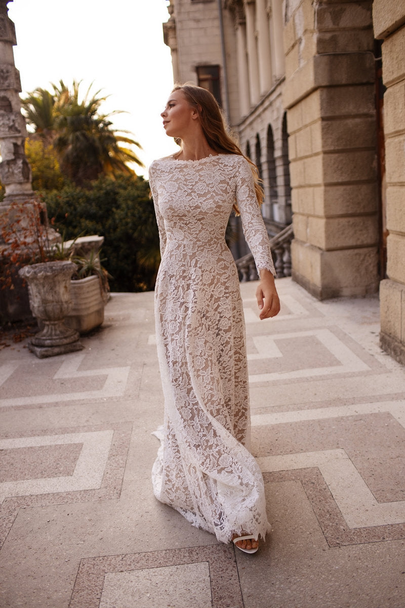 French Lace Long Sleeve Wedding Dress with Eyelash Trim