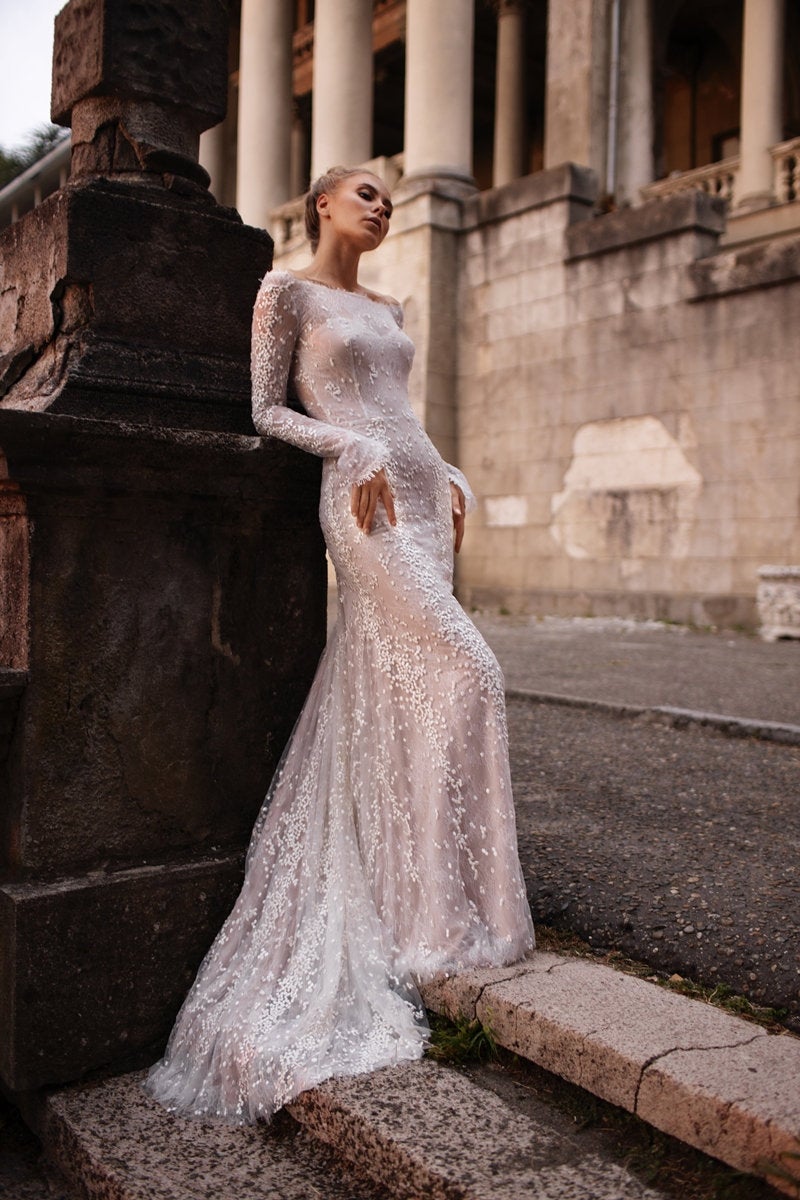 Backless wedding dress long sleeve sheath form fitting gown  | ANDREATTA