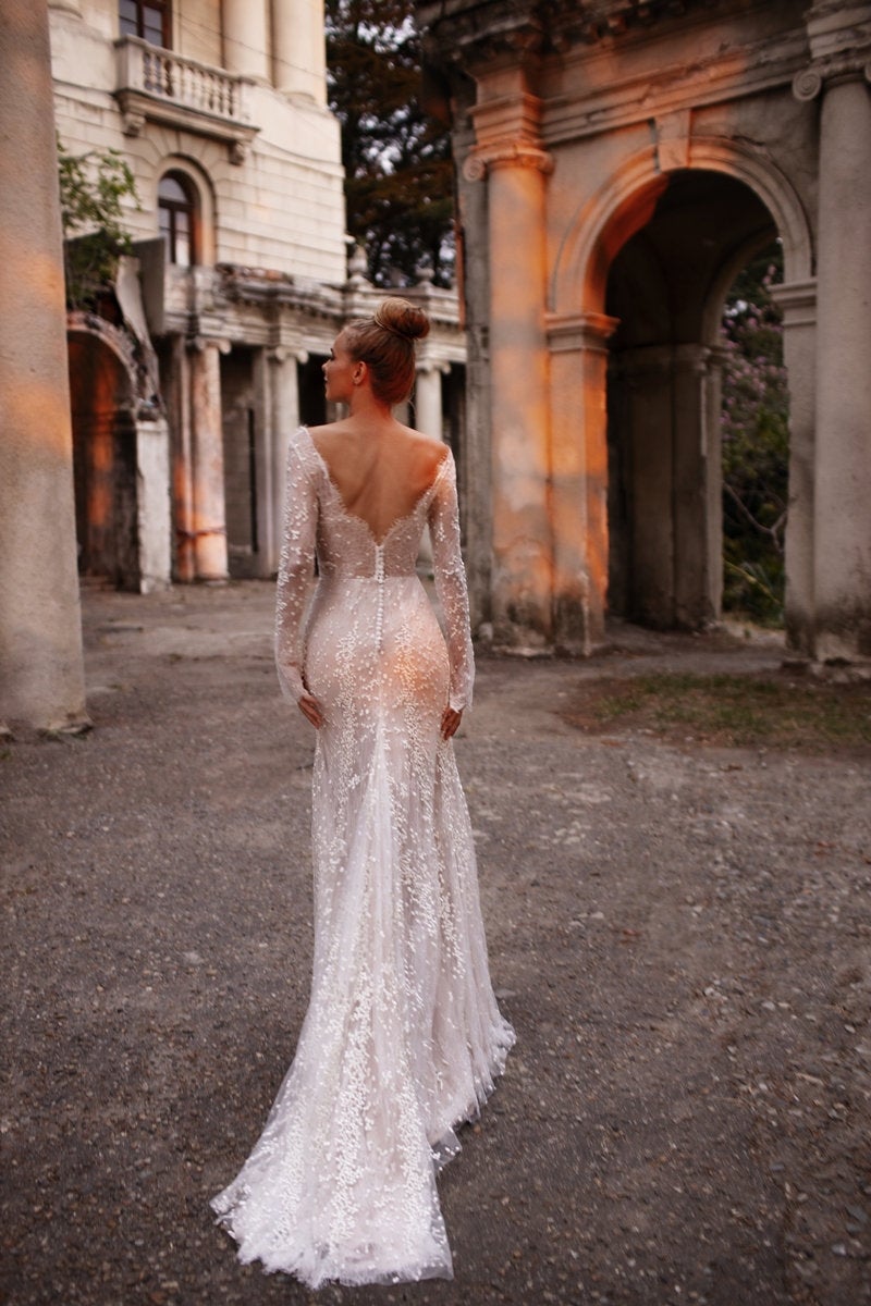 Backless wedding dress long sleeve sheath form fitting gown  | ANDREATTA