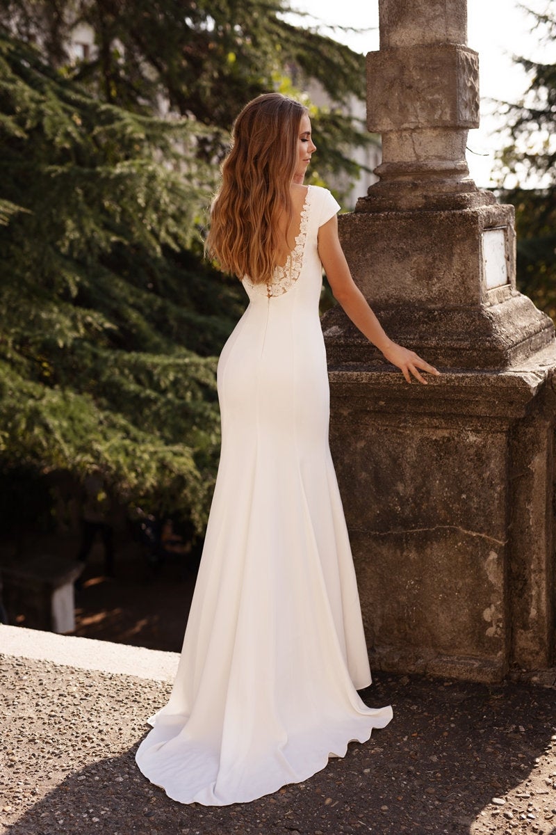 v neck line simple  wedding dress elegant fitted gown | JENNY