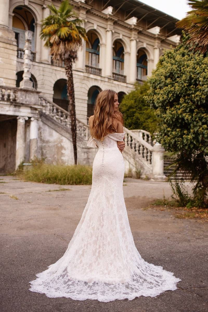 fitted wedding dress off the shoulder slleves, fit and flare gown |  OLIVIA