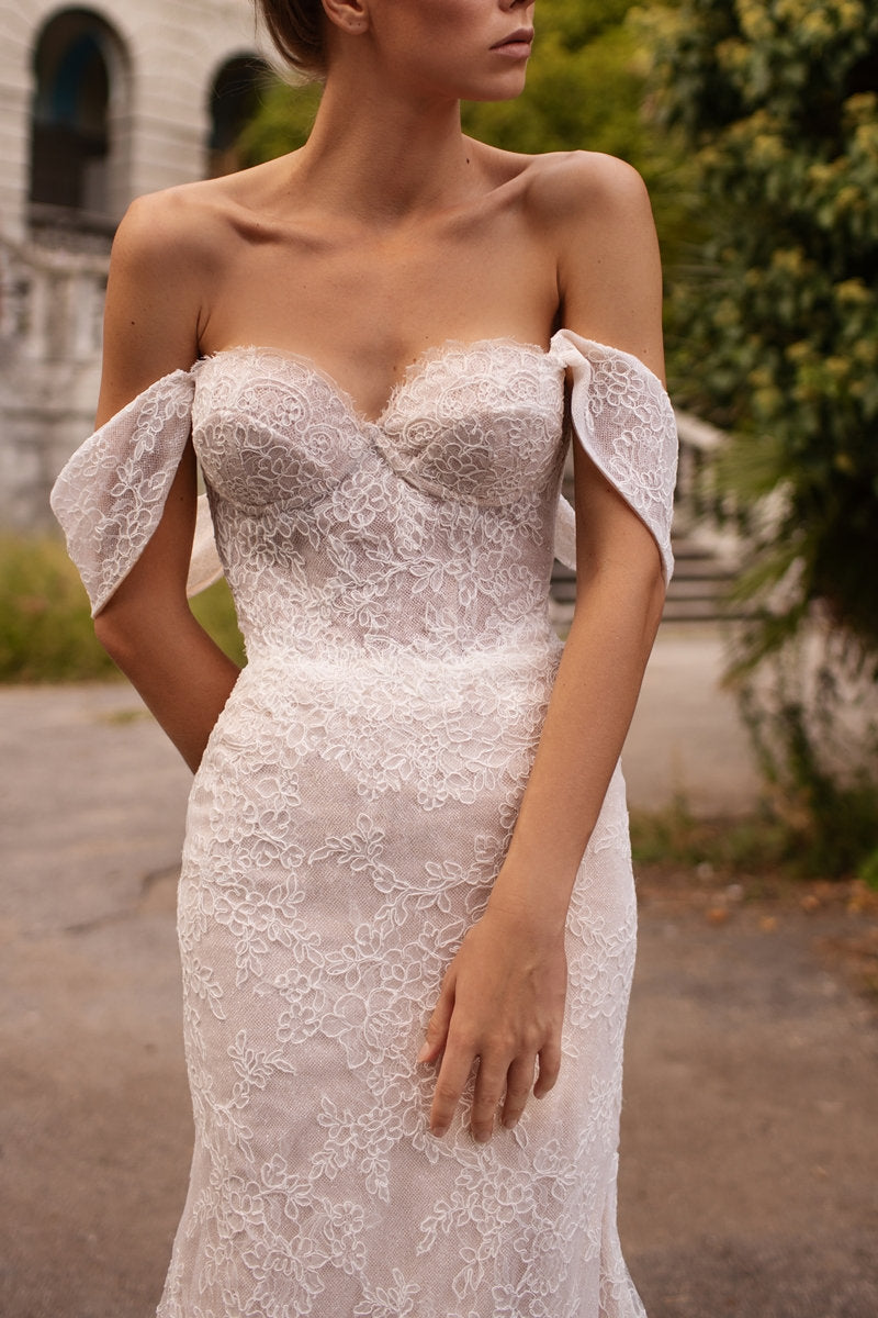 fitted wedding dress off the shoulder slleves, fit and flare gown |  OLIVIA