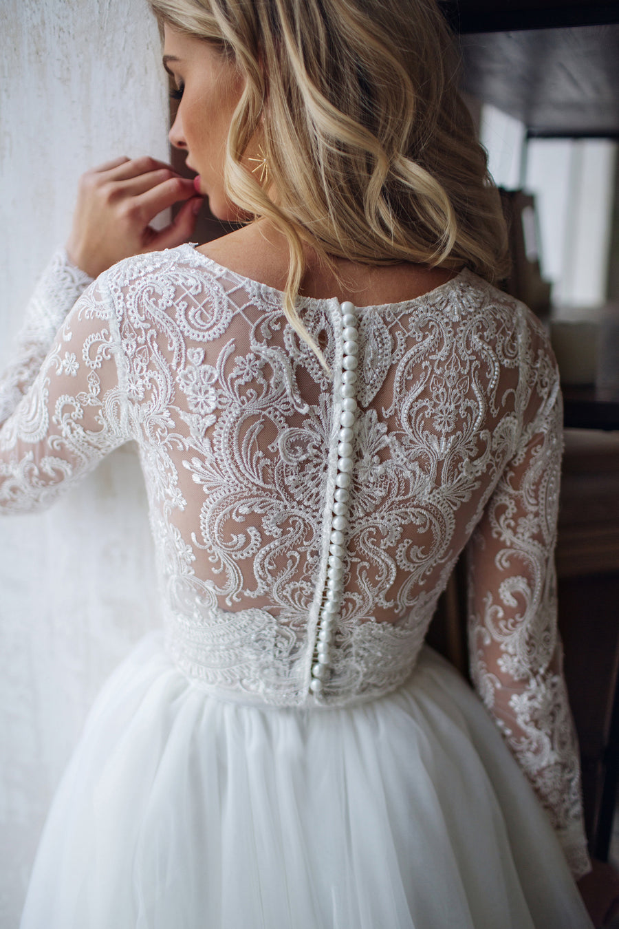 lace Bridal Tulle Top long sleeve V neckline vintage