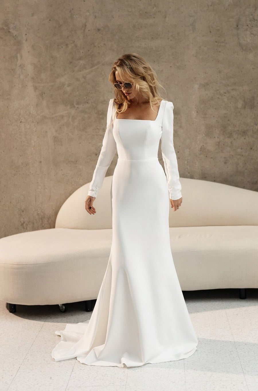 Fitted minimalist square neck wedding dress long sleeves SICILIA